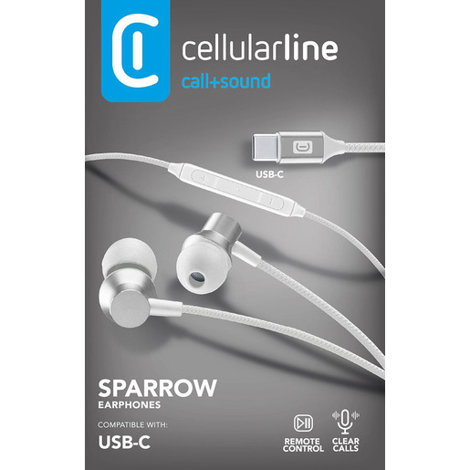 AUSPARROWTYPECW_BoxPack_140x90x25mm_R0525_PRINT_TR Cellularline SPARROW Auricolari in-ear con finiture metalliche, remote control e connettore USB-C