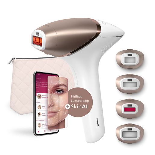 Philips Lumea 9900 Series Epilatore a luce pulsata IPL con tecnologie SenseIQ e SkinAI, 4 accessori per viso, corpo, ascelle e zona bikini, con filo e
