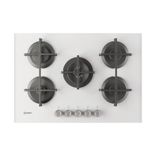 Indesit ING 72T/WH 1 piano gas vetro bianco 75cm 5 fuochi bruciatore doppia corona griglie in ghisa lavabili in lavastoviglie