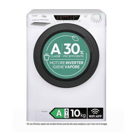 Candy Ultra, Lavatrice Carica Frontale 10 KG, 30% più efficente della classe A, 1400 giri, Bianco, Inverter, Vapore, Wi-Fi, Ciclo Igiene, HES 4104TWMB10-