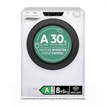 Candy Ultra, Lavasciuga Slim 8+5 KG, 30% più efficente della classe A, 1400 giri, Bianco, Inverter, Vapore, Wi-Fi, HEWS4854TWMB10-S