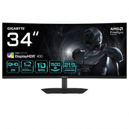 GIGABYTE G34WQC2 Monitor Gaming Curvo 34” WQHD – 3440 x 1440, 1500R, 200Hz, 1ms, 450 cd/m², AMD FreeSync Premium, DisplayHDR 400, HDMI 2.0, Displayport