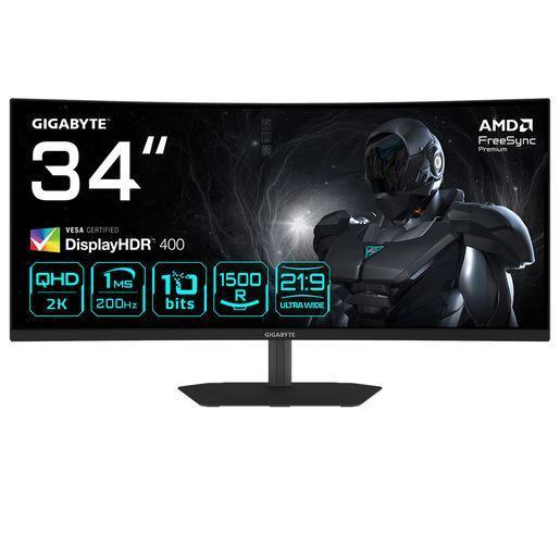 GIGABYTE G34WQC2 Monitor Gaming Curvo 34'' WQHD - 3440 x 1440, 1500R, 200Hz, 1ms, 450 cd/m², AMD FreeSync Premium, DisplayHDR 400, HDMI 2.0, Displayport