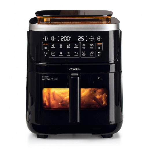 Ariete 4636 Friggitrice ad aria con funzione vapore+ Grill, 1700W, Funzione essiccazione, 10 funzioni di cottura, Cestello trasparente, Timer, Luce inter