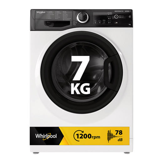 Whirlpool WSB 726 K IT, 7kg, classe A, Bianco, Inverter, 1200 giri, Display digitale XL, porta nera, Vapore