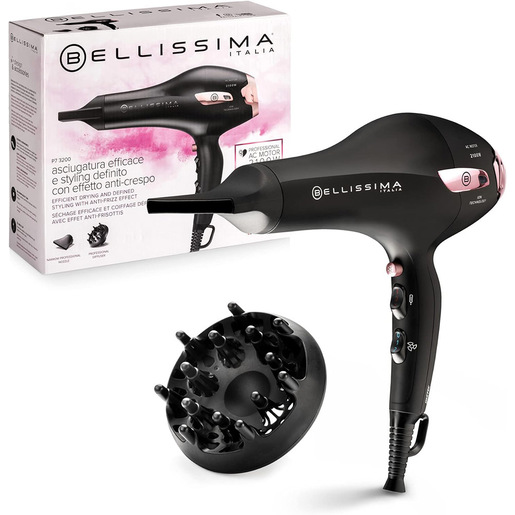 Bellissima P7 3200 Asciugacapelli, Motore Professionale, 2100 Watt, Ionizzatore, 2 Velocità, 3 Temperature, Diffusore per Ricci, Colpo Aria Fredda, Legge