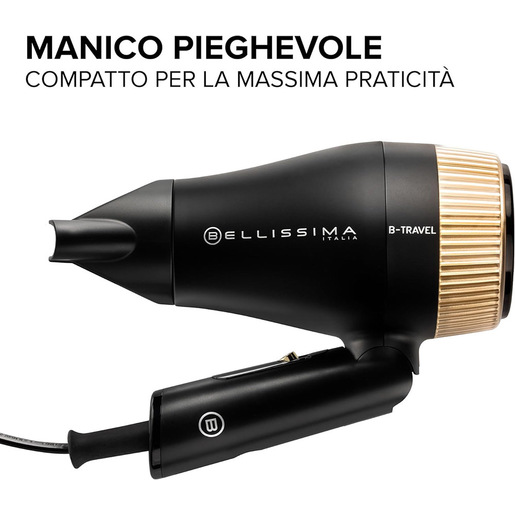 Bellissima Imetec B-Travel Asciugacapelli da viaggio, portatile e compatto, 1400 W, manico pieghevole, doppio voltaggio, concentratore di precisione, 2 c