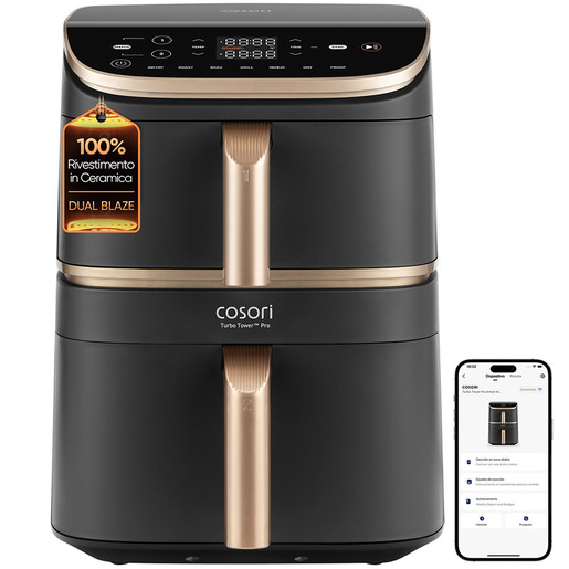 Cosori FRIGGITRICE AD ARIA Turbo Tower Pro Smart, 2630W, 10,8 Litri con Rivestimento Ceramico, Doppia Resistenza, Cottura a 3 Livelli, 7 Funzioni, 2 Moto
