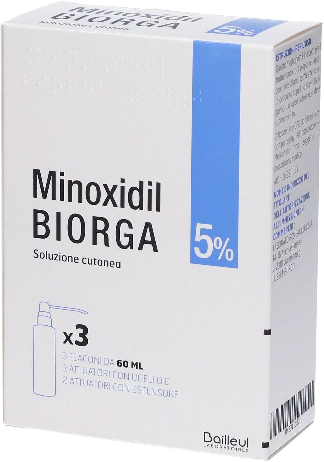 Bailleul Laboratoires Minoxidil Biorga 5%, soluzione cutanea 3x60 ml Soluzione