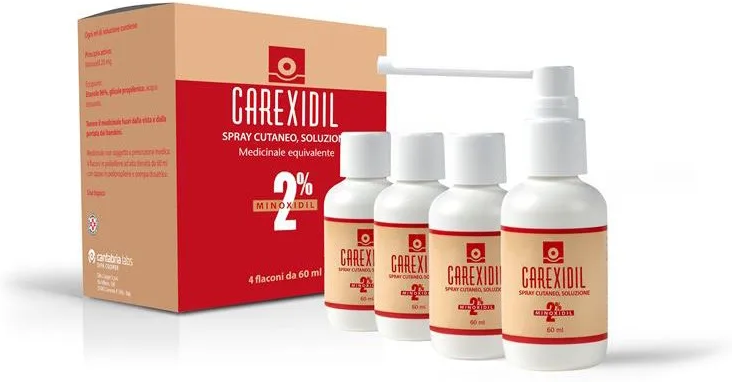 Carexidil 2% Spray Cutaneo Con Minoxidil Per Alopecia 4 Flaconi Da 60 Ml