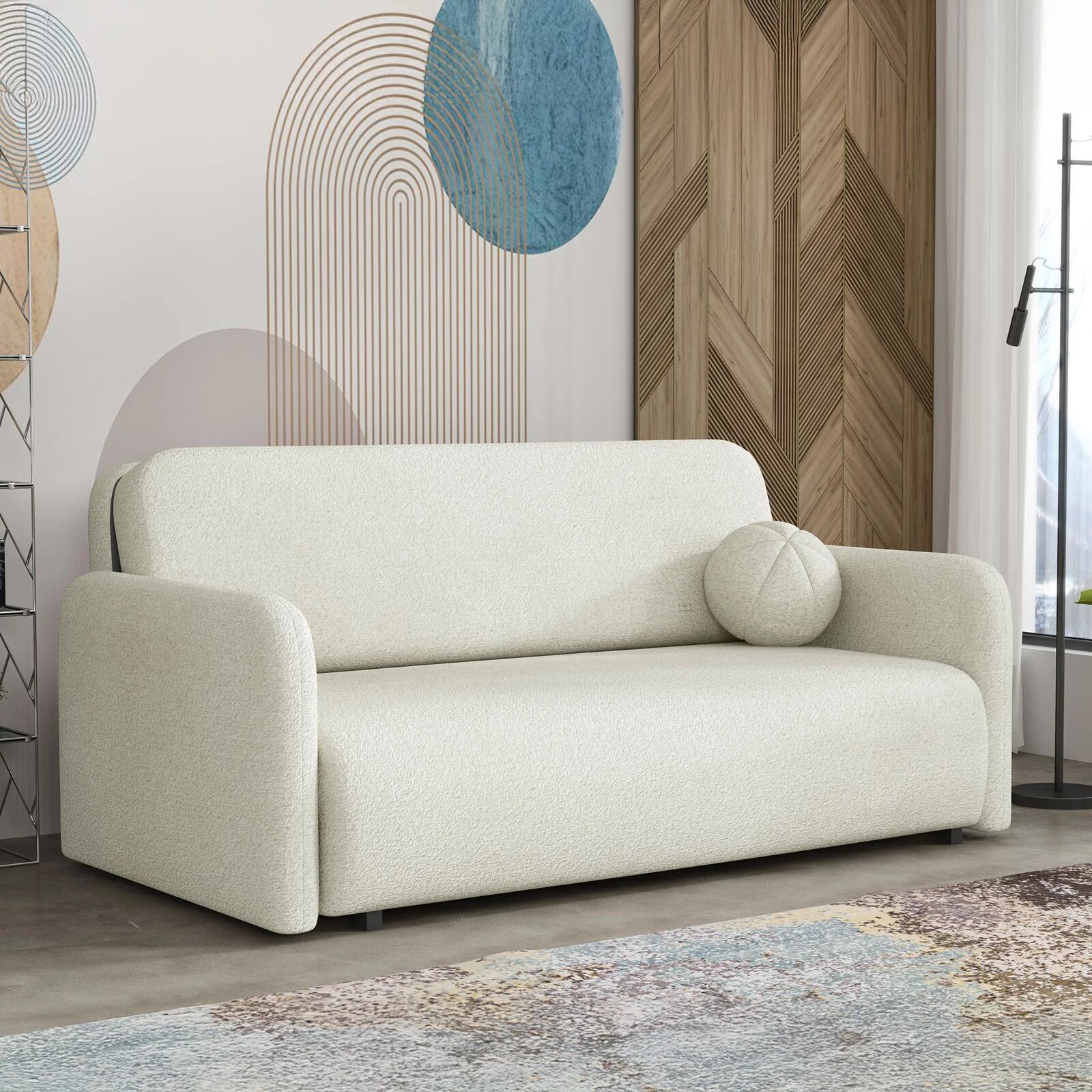 garneroarredamenti Divano letto 3 posti 170x103 cm con contenitore e cuscino tessuto bouclé beige chiaro Reposa