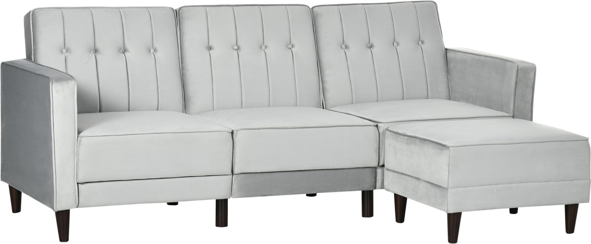 Homcom Divano Letto 3 Posti con Poggiapiedi e Schienale Reclinabile, Rivestimento Velluto e Seduta Imbottita, 218x85x86 cm, Grigio Chiaro Aosom