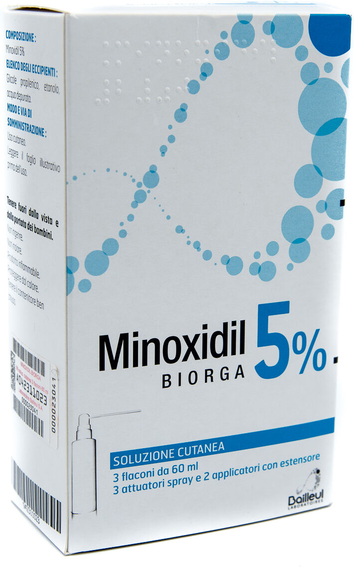 LABORATOIRES BAILLEUL S.A. Minoxidil Biorga Soluzione Cutanea 5% - Per il trattamento dell'alopecia - 3 Flaconi da 60 ml