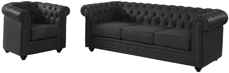Unique - Divano 3 posti e poltrona in Pelle di bufalo Nera - chesterfield