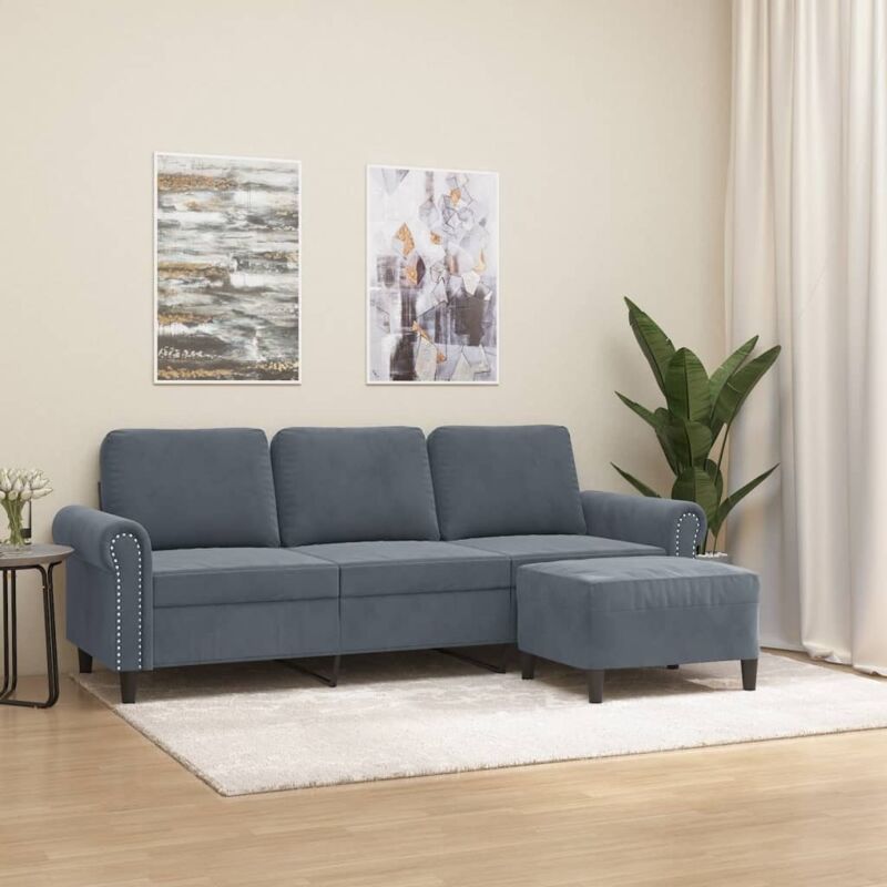 VIDAXL Divano a 3 Posti con Poggiapiedi Grigio Scuro 180 cm in Velluto