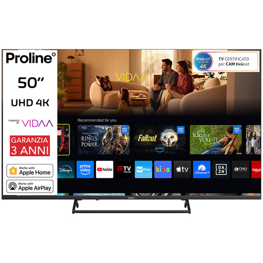 Proline PRO50KM10VDA SMART TV 50'' UHD 4K, Sistema operativo VIDAA, Triplo tuner DVBT2/C/S2, Certificato TivuSAT, Piedistallo centrale in metallo, Dolby