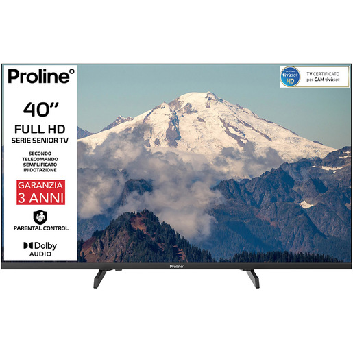 Proline PRO40SEN TV Serie Senior, 40'' FULL HD, Triplo tuner DVBT2/C/S2, Certificato TivuSAT, Piedini installabili in doppia posizione stretta/larga, Dol