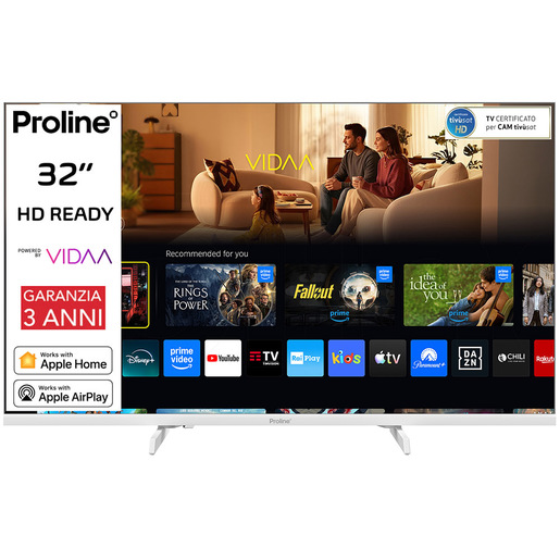 Proline PRO32WVDA SMART TV Bianco 32'' HD, Sistema operativo VIDAA, Triplo tuner DVBT2/C/S2, Certificato TivuSAT, Piedini installabili in doppia posizion