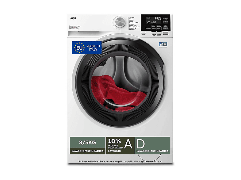 AEG LWR7G856OB LAVASCIUGA, Caricamento frontale, capacità lavaggio 8 kg, asciugatura 5 10 programmi, Profondità 58 cm, BIANCO, Classe A