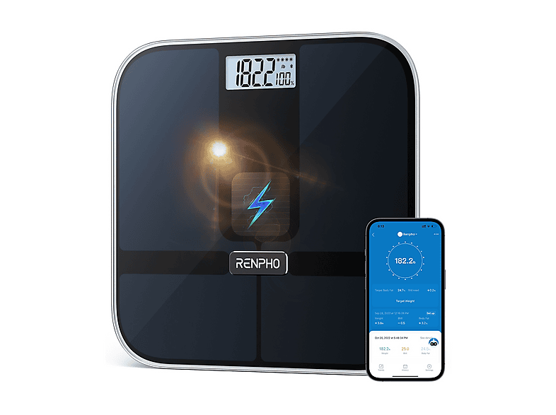 Bilancia pesapersone RENPHO ELIS SOLAR 2, digitale in vetro temperato, schermo LCD, con bluetooth, app e ricarica solare