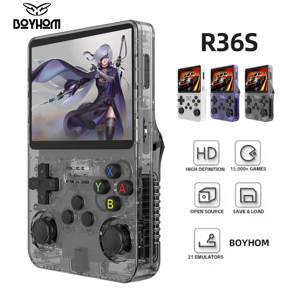 BOYHOM R36S Console per videogiochi portatile retrò Sistema Linux Schermo IPS da 3,5 pollici R35s Pro Lettore video tascabile portatile Giochi da 64 GB