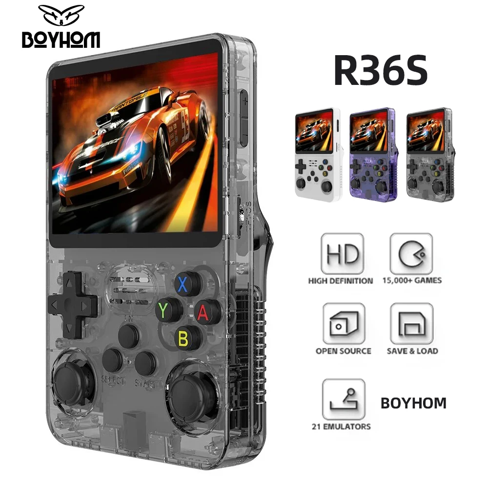 BOYHOM R36S Console per videogiochi portatile retrò Sistema Linux Schermo IPS da 3,5 pollici R35s Pro Lettore video tascabile portatile Giochi da 64 GB