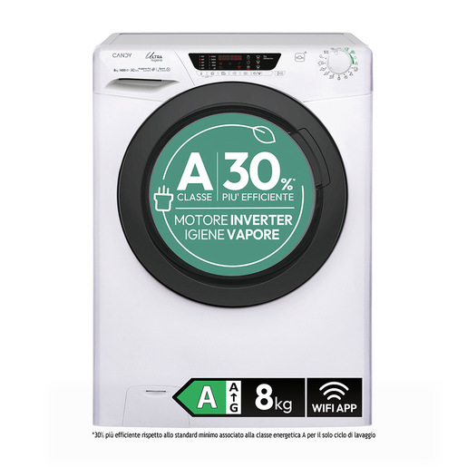 Candy Ultra, Lavatrice Carica Frontale 8 KG, 30% più efficente della classe A, 1400 giri, Bianco, Inverter, Vapore, Wi-Fi, Ciclo Igiene, HES 484TWMB10-S