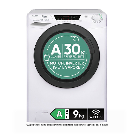 Candy Ultra, Lavatrice Carica Frontale 9 KG, 30% più efficente della classe A, 1400 giri, Bianco, Inverter, Vapore, Wi-Fi, Ciclo Igiene, HES 494TWMB10-S