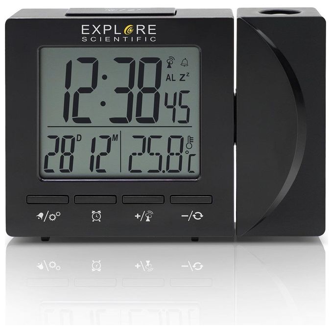 Explore Scientific RDP1001CM3000 Sveglia Digitale Radiocontrollata con Proiezione Ora Temperatura Interna Doppio Allarme Snooze colore Nero