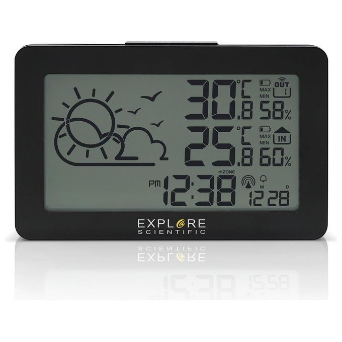 Explore Scientific WSH4002 Stazione Meteo Radio Controllata Termometro Igrometro Temperatura Umidita' Interno Esterno Sveglia LED colore Nero