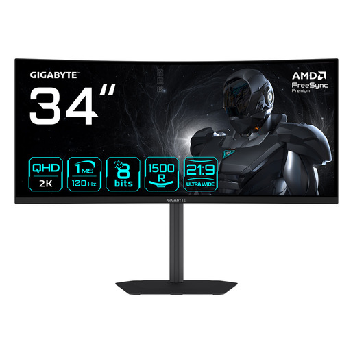 GIGABYTE GS34WQCA Monitor Gaming Curvo 34'' WQHD – 3440 x 1440, 1500R, 120Hz, 1ms, 300 cd/m², FreeSync Premium, HDR Ready, HDMI 2.0, DisplayPort 1.4