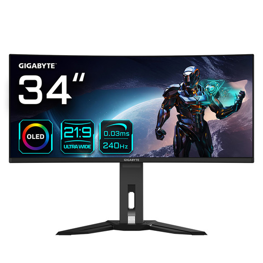 GIGABYTE Monitor da gioco curvo OLED WQHD MO34WQC2 da 34'' - 3440 x 1440, 240Hz, 0.03ms, KVM, 250 cd/m², FreeSync Premium Pro, DisplayHDR True Black 400,