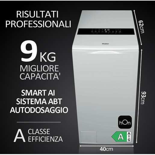 Haier HW90-BPD13386U-S LAVATRICE CARICA ALTO, AUTODOSE, Caricamento dall'alto, 9 kg, 62 cm, Classe A