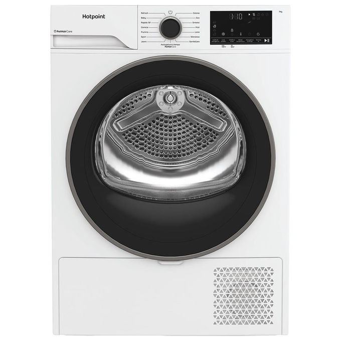 Hotpoint Ariston HPTS 74D BS IT – Asciugatrice Pompa di Calore Slim 7 kg, Classe C, Motore Inverter BPM + EasyIron + PetHair Care, (85 × 59,5 × 46 cm), Bianco.