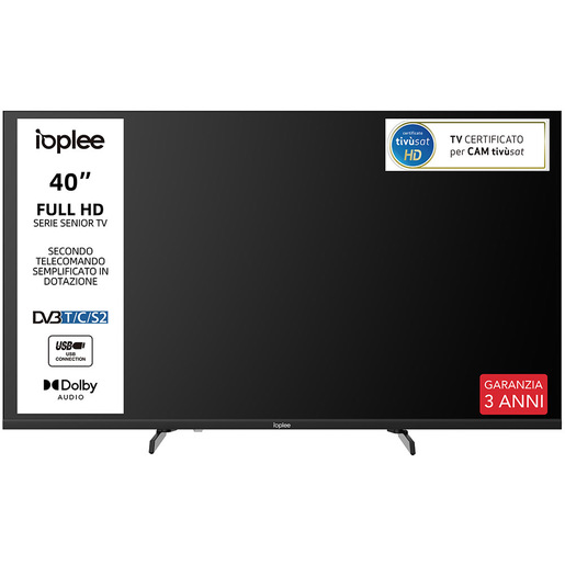 IOPLEE IOP40SEN TV Serie Senior, 40'' FULL HD, Triplo tuner DVBT2/C/S2, Certificato TivuSAT, Piedini installabili in doppia posizione stretta/larga, Dolb
