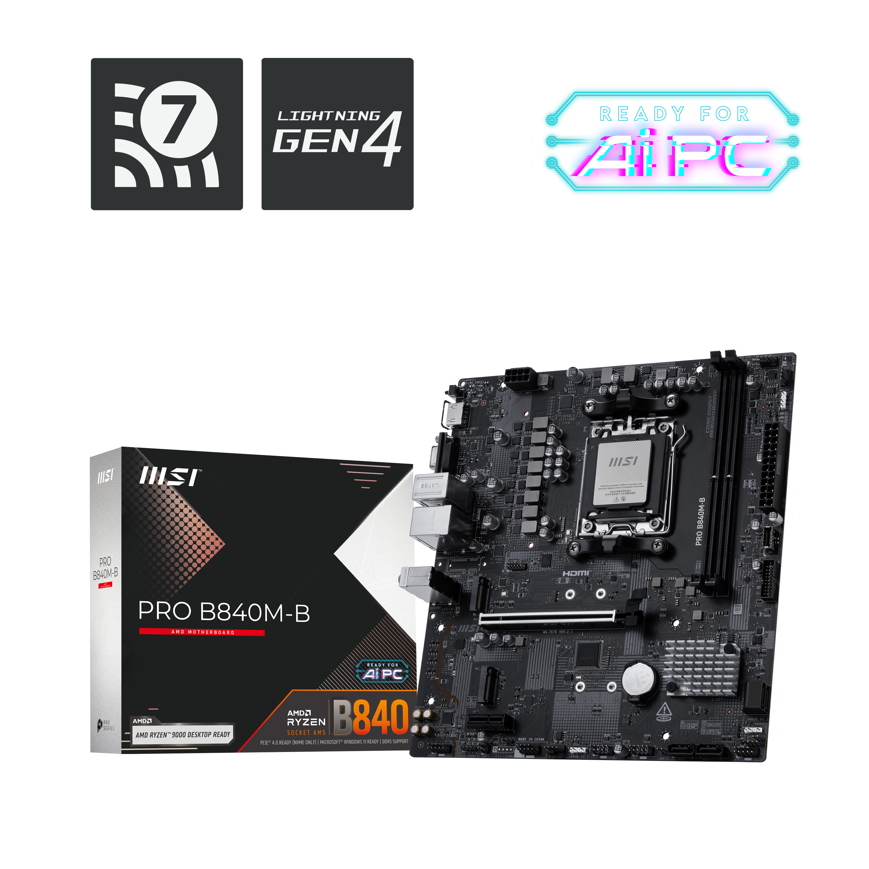 MSI MB MS-7E76PRO B840M-B601-7E76-020,21801-7E76-002STD PRO B840M-B,B840,AM5,2DDR5,1PCI-Ex16,1PC