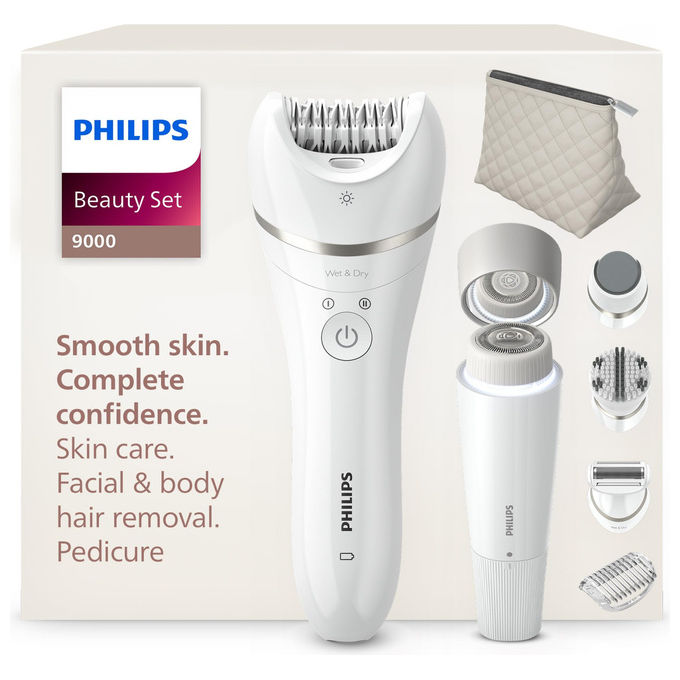 Philips epilatore beauty set all-in-one BRE738-00 corpo e viso 7 accessori SkinLED 32 pinzette senza fili docciabile