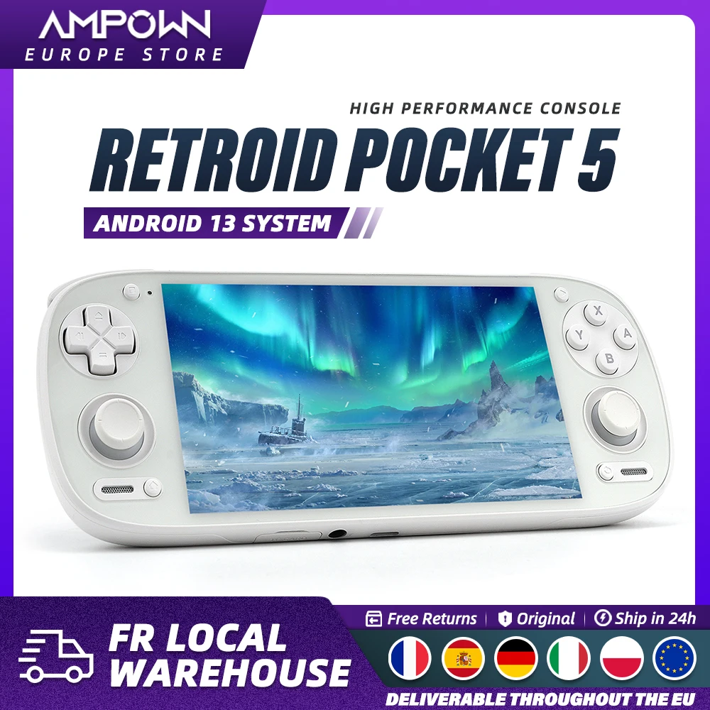 Retroid Pocket 5 Console di gioco portatile Schermo AMOLED da 5,5 '' Joystick Android13 Effetto di illuminazione RGB Videogiochi con raffreddamento attivo