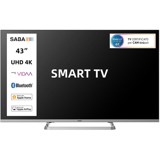 SABA SMART TV 43'' ULTRA HD 4K, Sistema operativo VIDAA, Triplo ter DVBT2/C/S2 HEVC MAIN10, Certificato TivuSAT, Piedistallo centrale, Dolby Audio