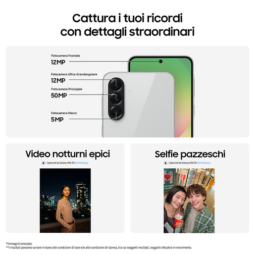 Samsung Galaxy A56 5G, Smartphone con Funzioni intelligenti, Display Super AMOLED 6.7'', 8GB RAM, 128GB, Camera 50MP, Batteria 5.000 mAh, IP67, Awesome