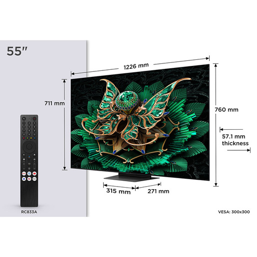 TCL Serie Smart TV QD-MiniLED 4K 55'' 55C7K, 144Hz, audio B&O, Dolby Vision IQ & Atmos, Google TV