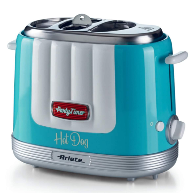 Ariete 206 Hot Dog Maker Party Time, Macchina per fare hot dog, 650 W, 5 livelli di cottura, 4 spazi di cottura, Espulsione automatica, Celeste