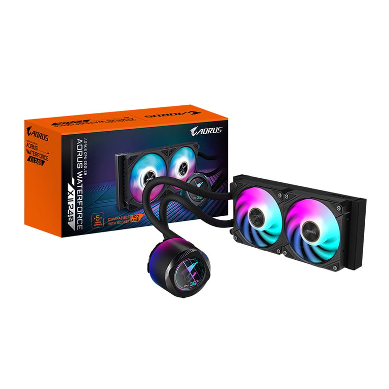 GIGABYTE AORUS WATERFORCE X II 240 Raffreddatore a liquido per processori AIO - 2x ventole ARGB da 120 mm, schermo LCD a colori, DAISY-CHAIN, compatibile con Intel LGA 1851 e AMD AM5 - Nuevo