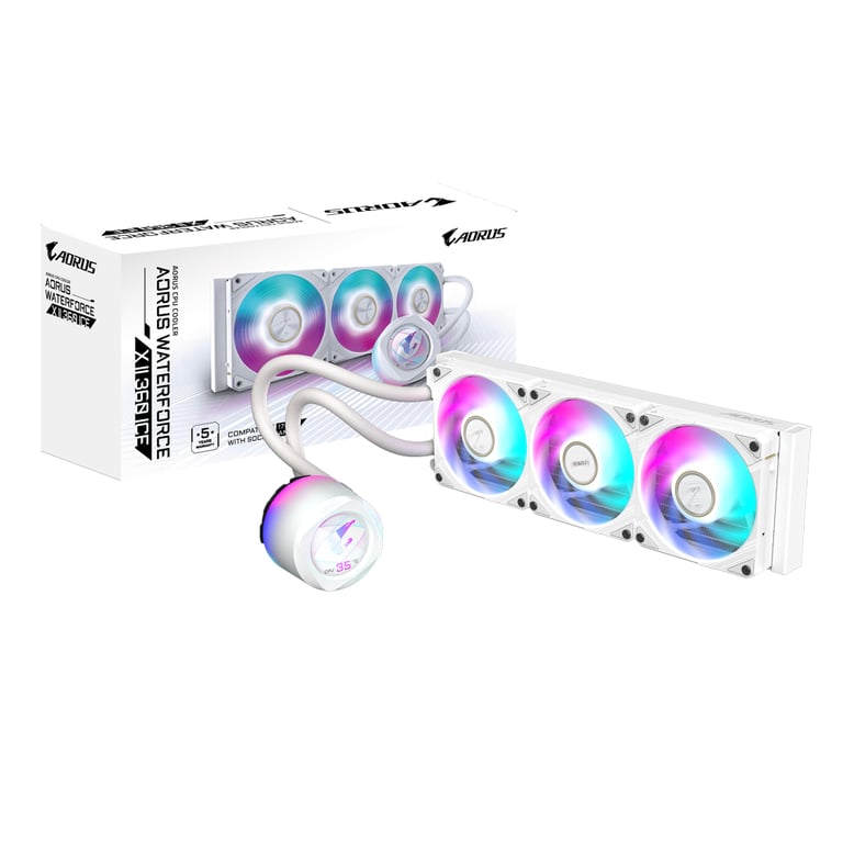 GIGABYTE AORUS WATERFORCE X II 360 ICE Raffreddatore a liquido per processore AIO - 3x ventole ARGB da 120 mm, schermo LCD a colori, DAISY-CHAIN, compatibile con Intel LGA 1851 e AMD AM5 - Nuevo
