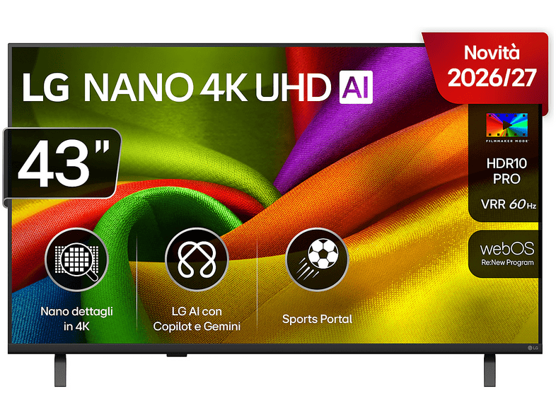 LG NANO 4K UHD AI NU85 43NU850B6LA TV LED, SMART TV, 43 ", Processore a7 Gen9, Classe G
