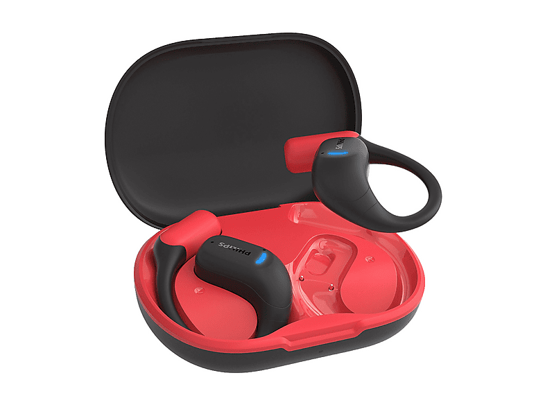 PHILIPS TAA6709BK Auricolari Open-Ear Wireless Sportivi, Bluetooth 5.x Multipoint, IP55 Impermeabili, Fino a 28 Ore di Autonomia, Nero/Rosso
