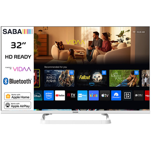 SABA SA32WHM10VDA SMART TV Bianco 32'' HD READY, Sistema operativo VIDAA, Triplo tuner DVBT2/C/S2 HEVC MAIN10, Certificato TivuSAT, Piedistallo centrale,