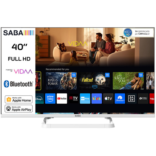SABA SA40WFM10VDA SMART TV Bianco 40'' FULL HD, Sistema operativo VIDAA, Triplo tuner DVBT2/C/S2 HEVC MAIN10, Certificato TivuSAT, Piedistallo centrale,